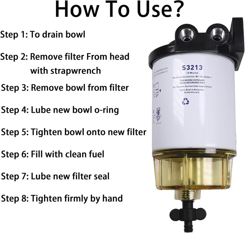 CARMOCAR Fuel Filter Water Separator replacement for Marine Outboard Motor Mercury with 3/8" Barb x 1/4" NPT brass Fittings Replaces# S3213, S3214, 35-60494-1, S3213, 18-7932-1, 18-17928, 35-809097 - Image 2